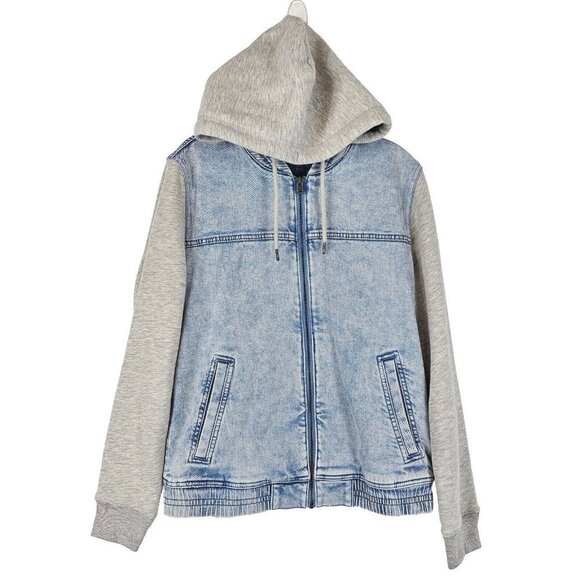 Hollister Blue Jean Denim Jacket Mens Small Epic Flex Hoodie Gray Hood Sleeves